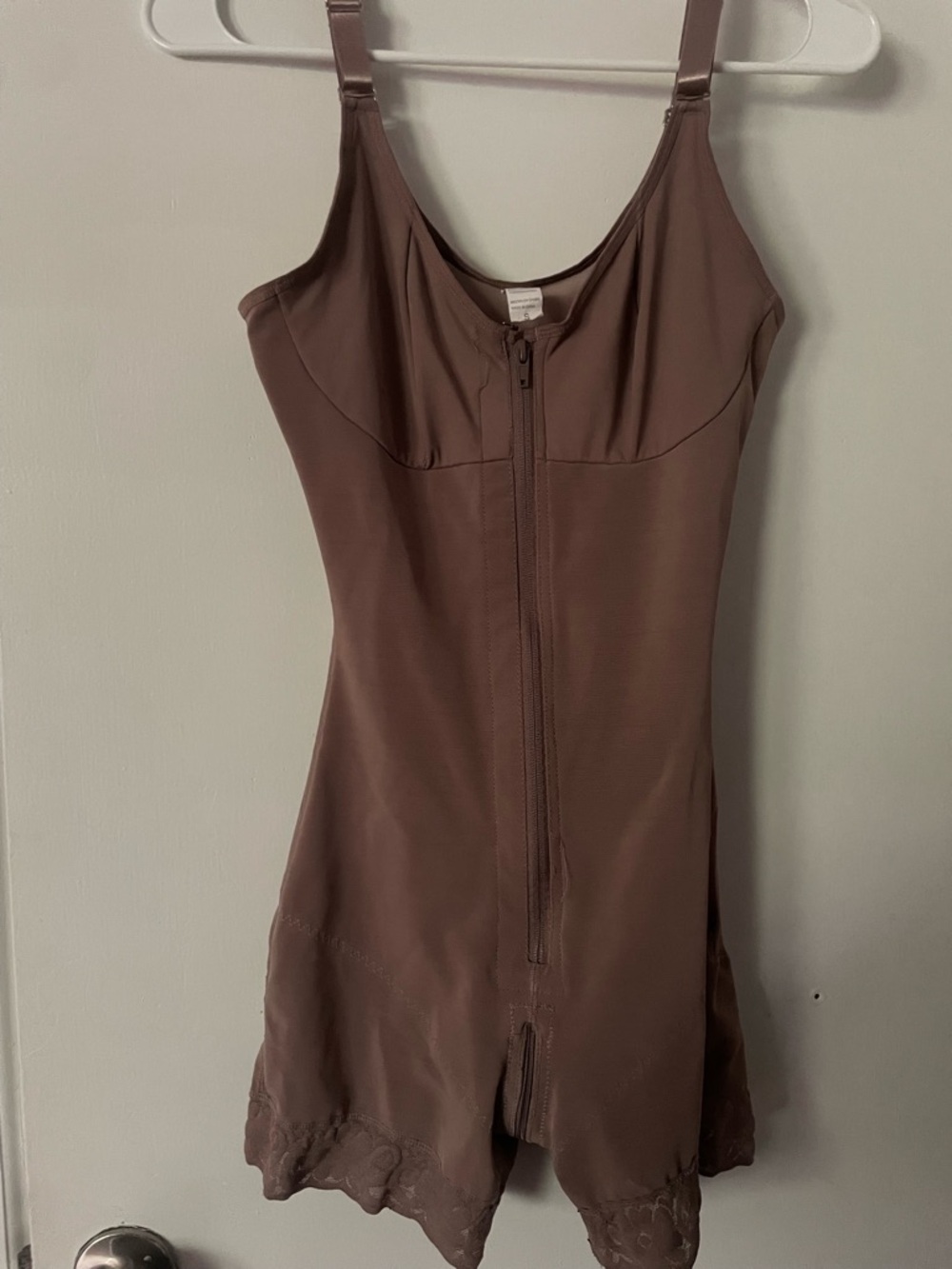 Front-Zip Brown Shaping Bodysuit with Lace Trim
